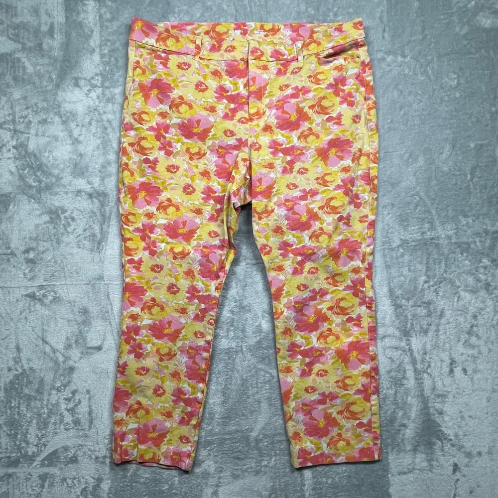 Old Navy Pixie Skinny Pants Women 18 Yellow Pink Floral High Rise Ankle Stretch
